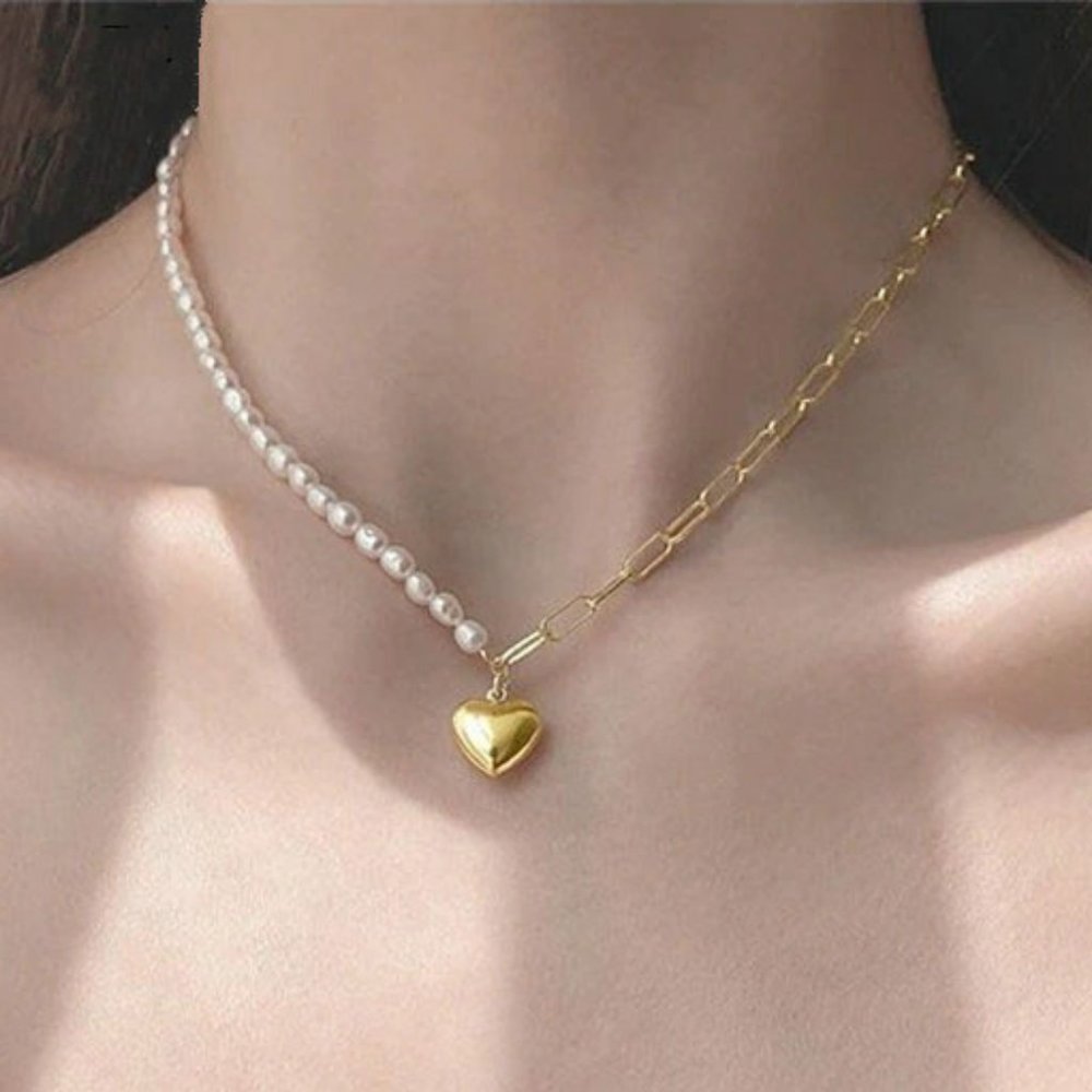 *NEW Yellow Gold Pearl Heart Link Chain Necklace - Picture 1 of 8